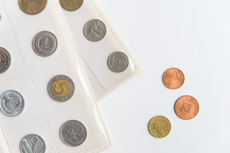 Top view of the numismatic album sheets and coins. Collection of rare coins on the white background...
