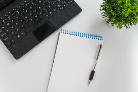 Flatlay mockup of laptop, green plant, pen and notepad on white background. Planning concept with space for textの写真素材