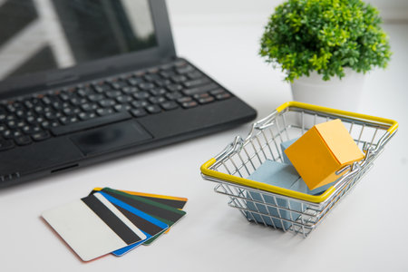 Laptop, green plant, shopping basket and credit cards. Online shopping and delivery concept horizontal photoの写真素材