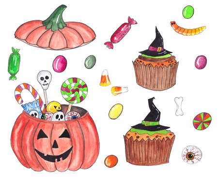 Handpainted watercolor illustrations of a pumpkin candy bucket, cupcakes with witch hats and assorted candies.の写真素材