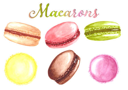 Watercolor illustration of assorted colorful macarons. Traditional French pastry hand painted elements.の写真素材