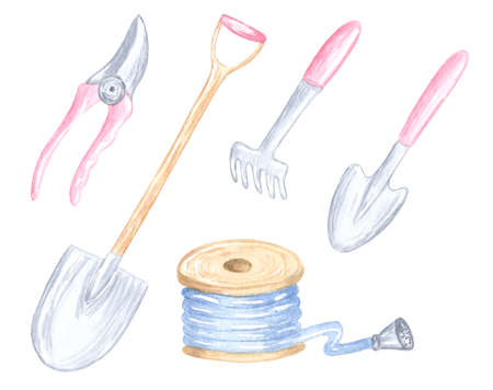 Watercolor illustration of gardening tools. Hand-painted pastel garden instruments.の写真素材
