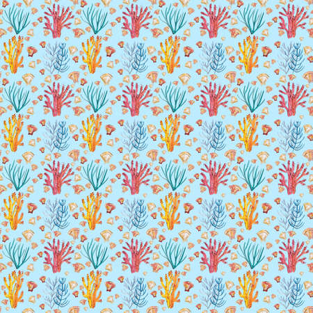 Seamless patterns with blue background and hand-painted illustrations of corals and shells. Repeatable pattern for scrapbooking, fabric printing.の写真素材