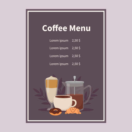 coffee menu. Coffee pot, mug, croissant, chocolate donut. vector illustrationのイラスト素材