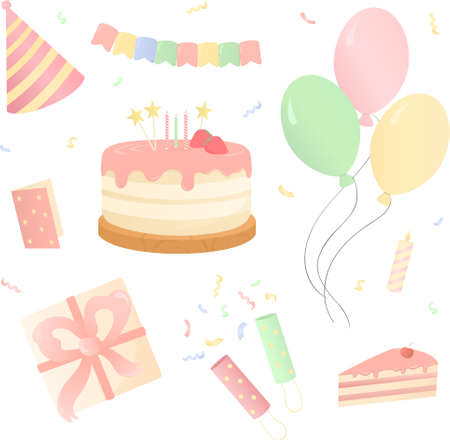 Set of holiday elements Birthday cake garland candle confetti gift postcard balloonsのイラスト素材