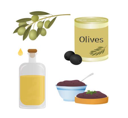 Set of olive products. Aromatic oil in a bottle, olive paste, olive branch, canned olives. vector illustration.のイラスト素材
