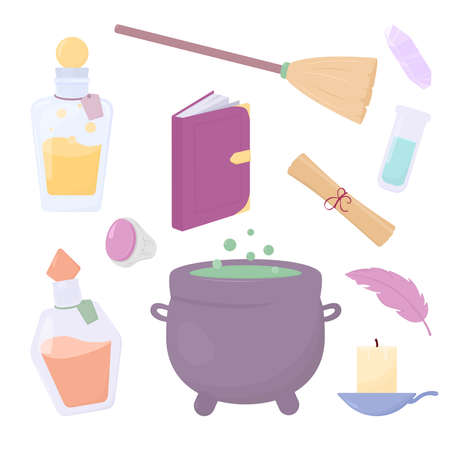 Set of witchcraft accessories vector illustration. Collection with Magic, Glass Poison Bottle, Wizard Book, Candle.のイラスト素材