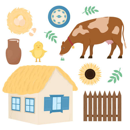 Village and countryside elements village house cow sunflower chicken jug of milkのイラスト素材