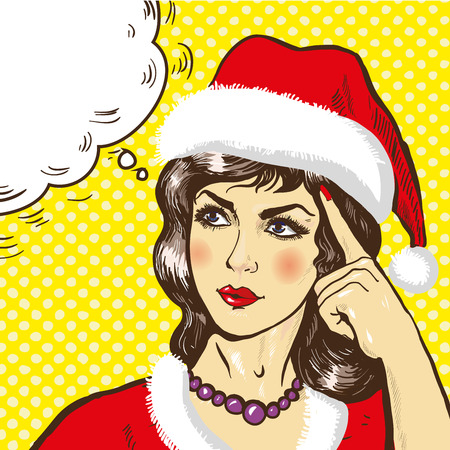 Woman in christmas clothes thinking vector illustration in pop art retro comic styleのイラスト素材