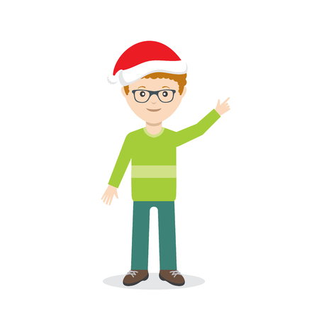 Man in Christmas hat pointing with finger flat character designのイラスト素材