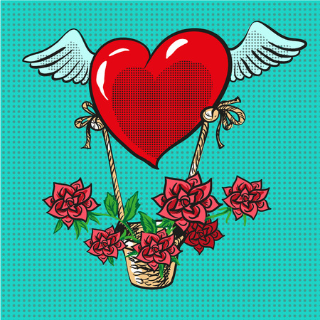 Heart with wings flying roses basket pop art comic vectorのイラスト素材