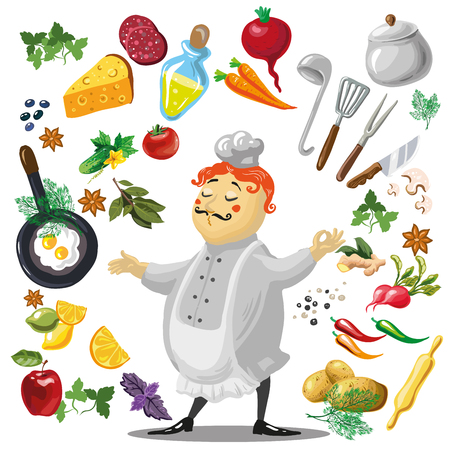 Illustration of friendly Chief cook, food design elements.のイラスト素材