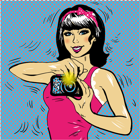 Brunette girl making selfie pop art comic vector illustrationのイラスト素材