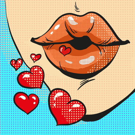 Pop art lips sending kiss with hearts comic style vectorのイラスト素材