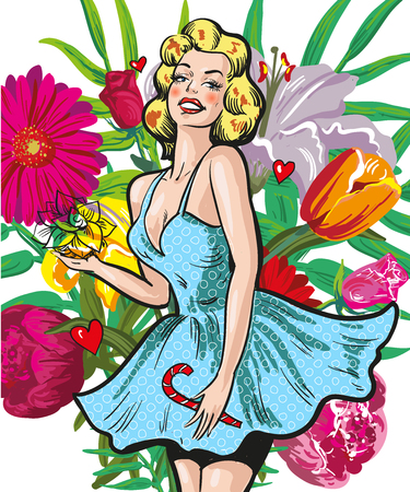 Vintage style young lady with flowers vector artのイラスト素材