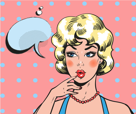 Pin up woman wondering. Pop art retro comic blond beautyのイラスト素材