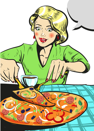 Woman eating pizza comic illustrationのイラスト素材