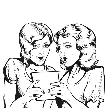 Women holding tablet surprised emotion line illustrationのイラスト素材