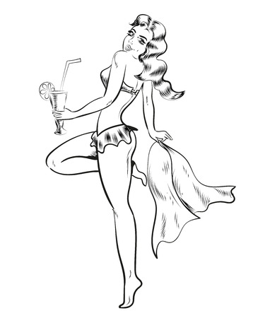 Cute Pin-Up Gal - Retro Clip Art Illustration line artのイラスト素材