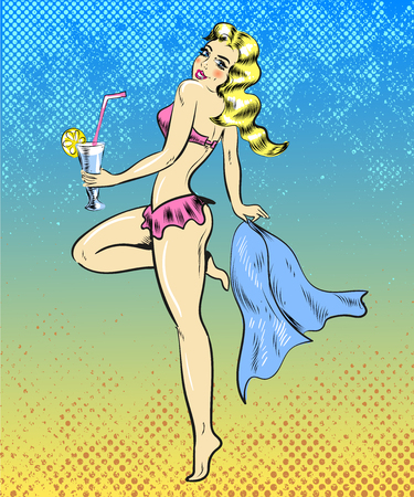 Pin up blond jumping with cocktail and towel on summer beach comic posterのイラスト素材