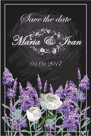 Invitation with lavender and peony on chalkboard vectorのイラスト素材