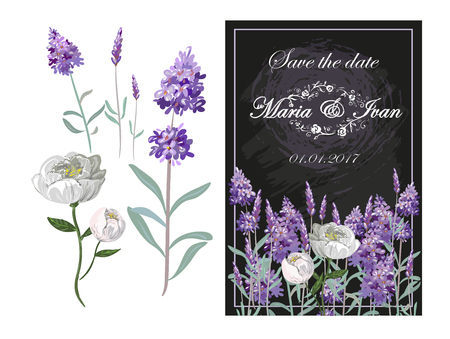 Invitation with lavender and peony on chalkboard vectorのイラスト素材