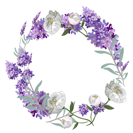 Lavender and peony round frame vector templateのイラスト素材