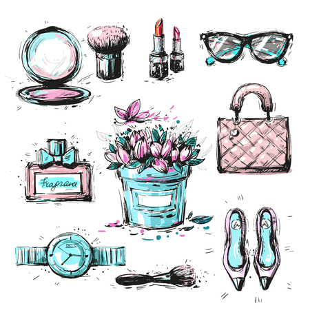 Collection set of sketchy fashion stylish elements accessoriesのイラスト素材