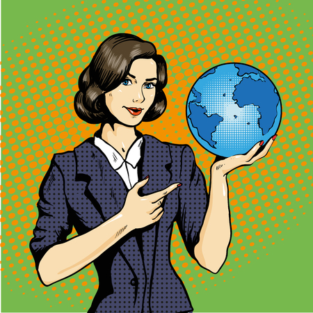 Business lady with planet Earth in hand vector illustration pop art comicのイラスト素材