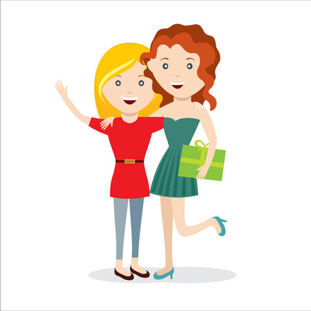 Girls with gift happy jump friends vectorのイラスト素材
