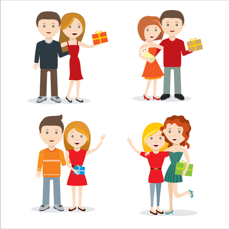 Young people with gift flat style design vectorのイラスト素材