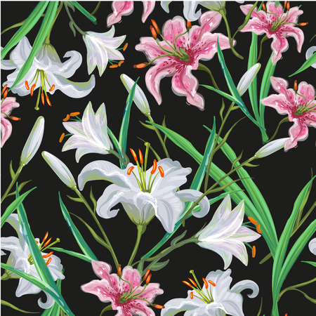 Seamless pattern with flowers. Iris. Lily. Vector. Hand drawn. Black backgroundのイラスト素材