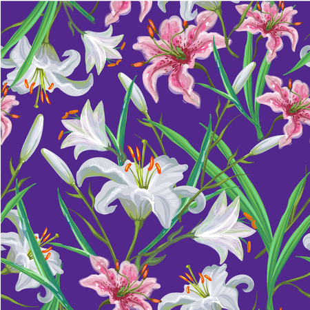 Seamless pattern with flowers. Iris. Lily. Vector. Hand drawn. Violet backgroundのイラスト素材