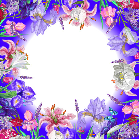 Tender round floral empty template with butterfly, vector hand drawn design stock artのイラスト素材