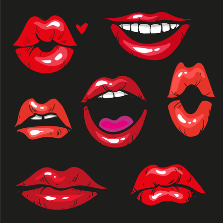 Woman lip gestures set. Girl mouths close up with red lipstick makeup expressing different emotions.のイラスト素材