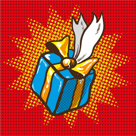 Blue gift box with Golden ribbons, pop art retro vector illustrationのイラスト素材