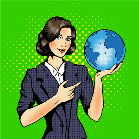 Cartoon of a woman holding a globe pop art comicのイラスト素材
