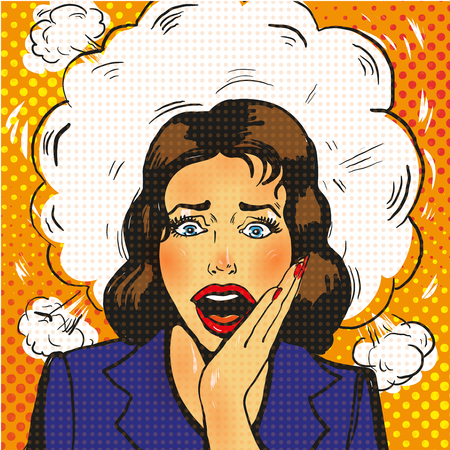 Surprised blonde pop art woman with wide open eyes and mouth and rising hands screaming. Vector background in comic retro pop art style. Party invitation.のイラスト素材