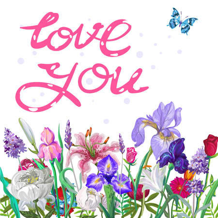 Tender floral LOVE YOU template with butterfly, vector hand drawn design on white stock artのイラスト素材