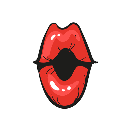 Opened woman red lips mouth wow isolated on whiteの写真素材