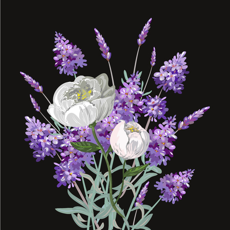Bouquet of vector lavender and peony template on black backgroundのイラスト素材
