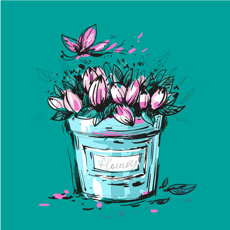Bouquet of tulips in a bucket for you designのイラスト素材