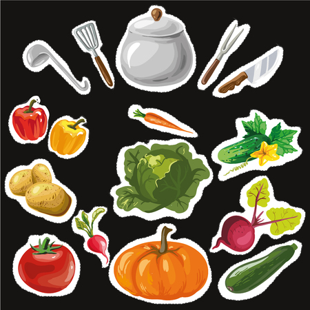 Set of stickers with colorful hand drawn vegetables. Colorful icons, patches, stickers. Great for stickers, embroidery, badges.Healthy foodのイラスト素材