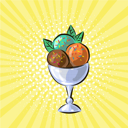 Ice cream in glass three flavours pop art hand drawn vector illustrationのイラスト素材
