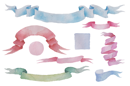Watercolor vintage ribbons set. Hand drawn isolated objects for romantic design waterclor circle and squareの写真素材