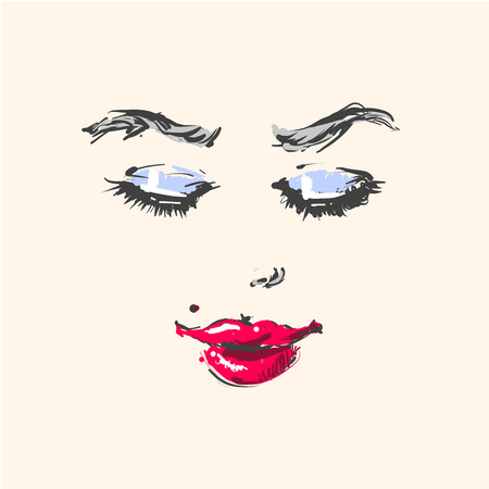 Young beautiful woman fashion portrait face looking down with red lipstick and blue eye shadow hand drawn illustration.のイラスト素材