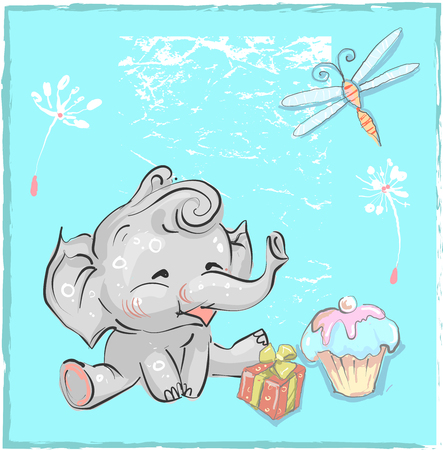 little lovely elephant birthday with dragonfly and cake for prints cards t-shirts baby shower invitationのイラスト素材
