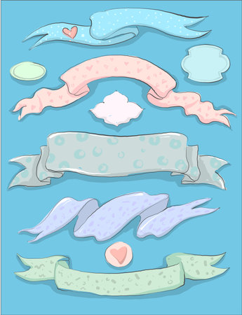 Vintage wedding or baby shower hand drawn ribbons collection and frames setのイラスト素材