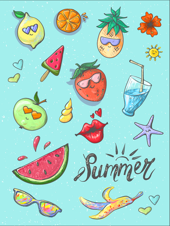 Set of summer fashion patches, fun stickers, cute badges vector in cartoon styleのイラスト素材