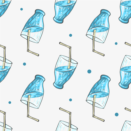 Summer blue Cocktail Refreshing drinkwith straw and dots seamless patternのイラスト素材